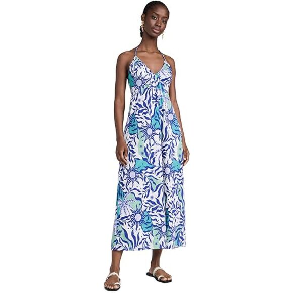 Xirena Maggie Dress Sz XS Blue White Cotton Maxi Maximalist Artsy Boho abstract - Picture 1 of 6